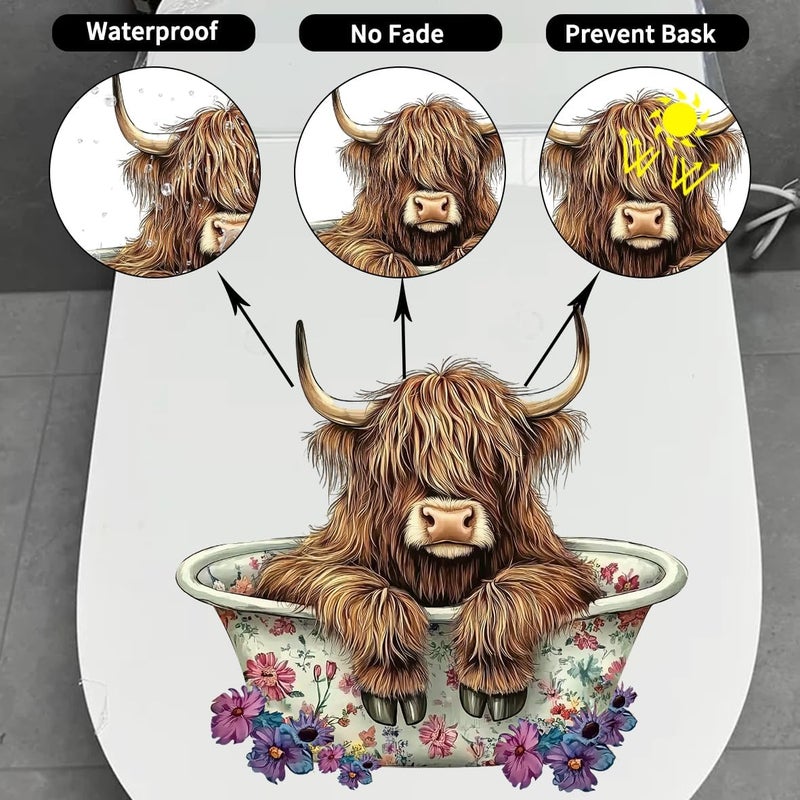 Iprokiu Funny Animal Toilet Seat Cover Decal Waterproof Cartoon Dog Cat Toilet Seat Lid Sticker Dinosaur Duck Washroom Bathroom Decal Home Wall Sticker (Bathing Cow) - Image 3